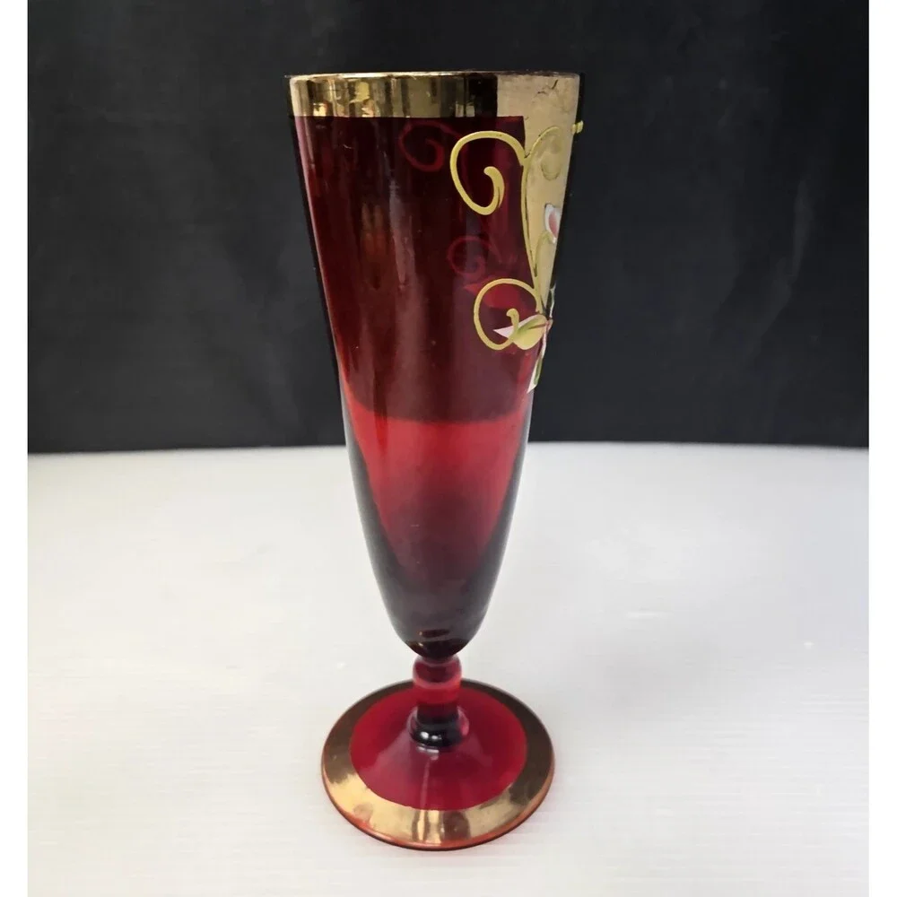 Venetian Ruby Red Wine Glass Vase Gold Gilt Enamel Floral Design Pedestal 7.25" - Picture 6 of 12